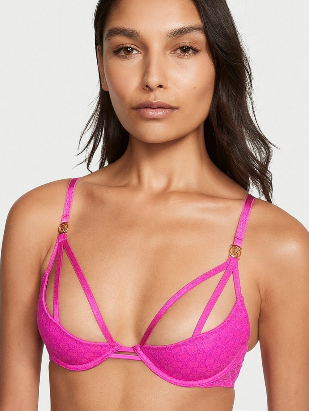 Victoria Swcret Very Sexy Logo Lace Open-Cup Demi Bra - Fuchsia Frenzy